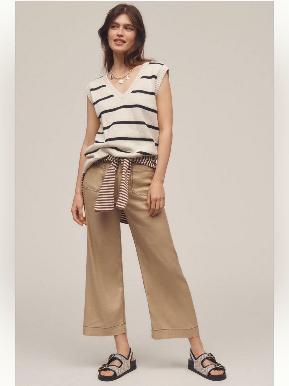 Maeve The Colette Cropped Wide-Leg Contrast Stitch Pants in Tan
